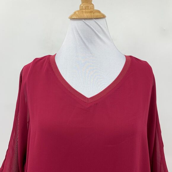 Chicos Blouse Womens 0 Wine Berry Layered V Neck Overlay Quarter Wide Sleeve - Picture 3 of 14